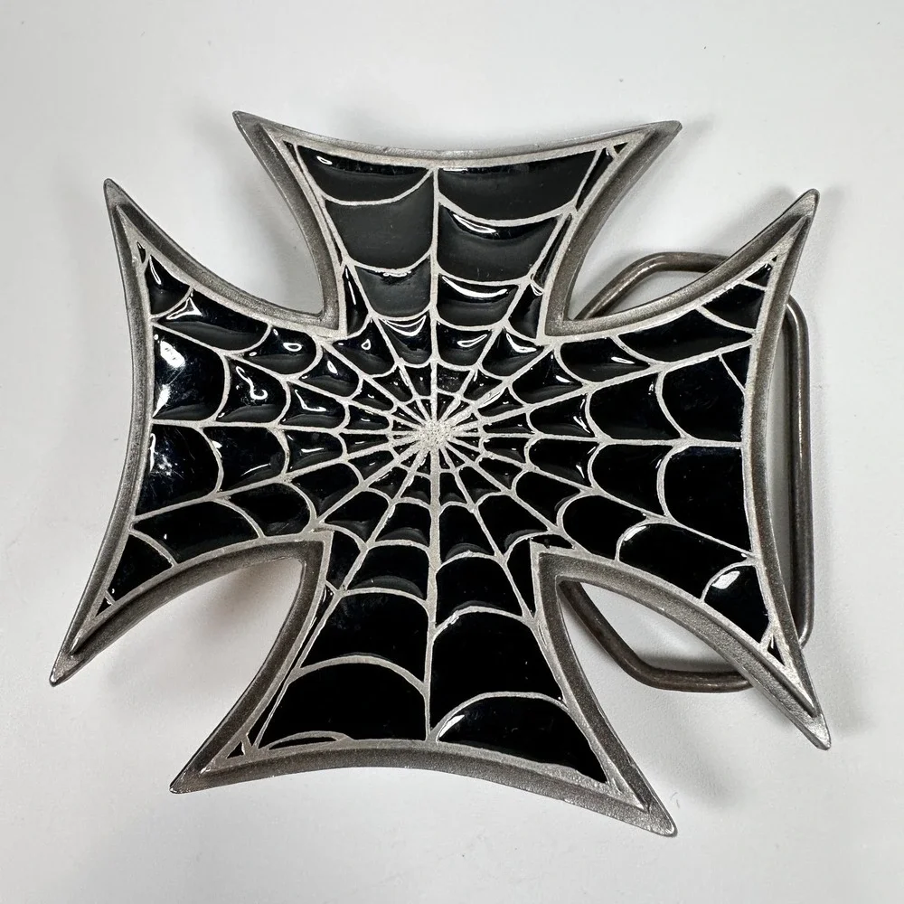 VTG BELT BUCKLE Spiderweb Iron Maltese Cross #4639 Pewter 2003 Black Skulls Goth